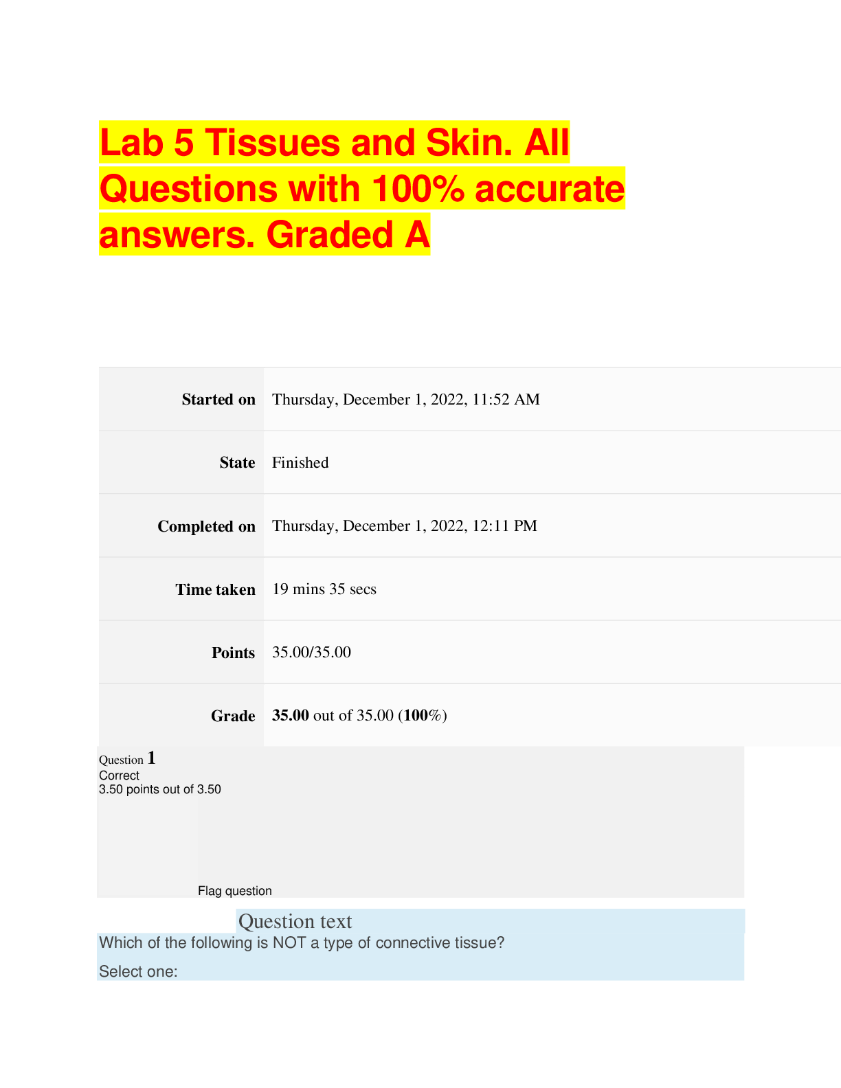Preview image for Lab 5 Tissues and Skin. All Questions with 100% accurate answers. Graded A